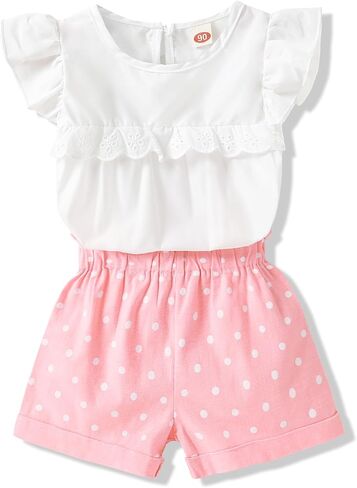 ملابس Happy Town للأطفال الصغار والبنات، تي شيرت وبلوزة بدون أكمام مكشكشة وسروال قصير وملابس صيفية in Kuwait