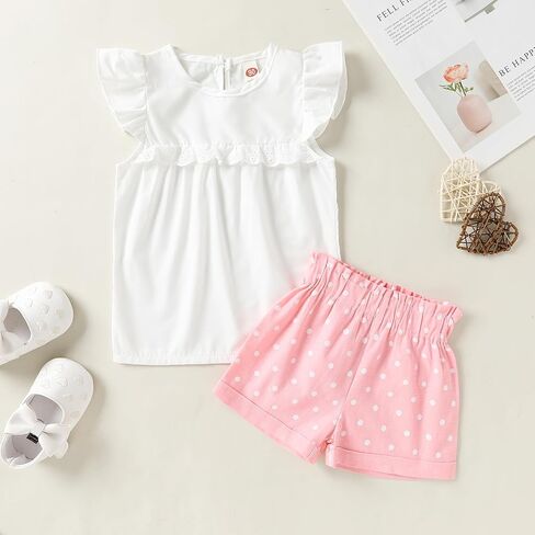 ملابس Happy Town للأطفال الصغار والبنات، تي شيرت وبلوزة بدون أكمام مكشكشة وسروال قصير وملابس صيفية in Kuwait