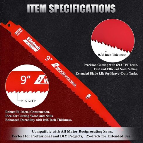 25 Pack 6/12 TPI 9 Inch Stud and Nail Saw Blades - Bi-Metal Reciprocating Blades for Cutting Nail-Embedded Wood, Metal, and PVC, with Storage Case in Saudi Arabia
