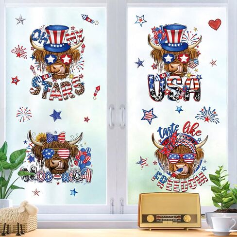 4 أوراق 4th من يوليو نافذة يتمسك الوطنية يوم الاستقلال ملصقات نافذة أمريكا المرتفعات البقرة البقرة نافذة يتمسك in Kuwait