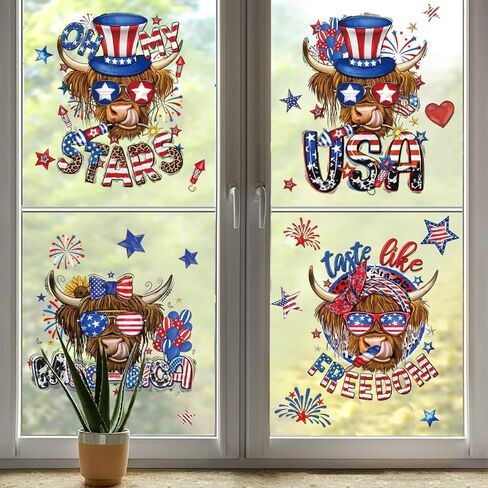 4 أوراق 4th من يوليو نافذة يتمسك الوطنية يوم الاستقلال ملصقات نافذة أمريكا المرتفعات البقرة البقرة نافذة يتمسك in Kuwait