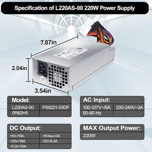 مصدر طاقة LXun L220AS-00 220 واط متوافق مع Dell Inspiron 3647 660s Vostro 270 Acer Aspire X1420 X3400 X1200 eMachines L1200 L1210 L1300 Gateway SX2300 Series PS-5221-03DF 650WP P3JW1 R82HS in Kuwait