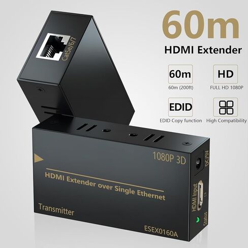 موسع HDMI، جهاز إرسال واستقبال HDMI 1080P يصل إلى 60 مترًا (196 قدمًا)، مكرر مرسل إيثرنت HDMI عبر كابل Singal RJ45 Cat5e/Cat6/Cat7 Ethernet LAN، HDMI إلى RJ45 وRJ45 إلى جهاز إرسال HDMI in Kuwait
