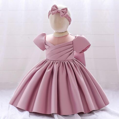 IDOPIP زهرة فتاة Bowknot توتو فستان للأطفال طفل الزفاف بالتواصل حفلة عيد ميلاد فساتين المعمودية مع أغطية الرأس in Saudi Arabia