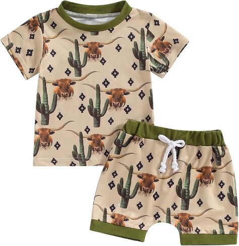 Lesimsam Baby Boy Girl Western Summer Outfits Cow Print Short Sleeve T-Shirt Top and Shorts Set Toddler Country Outfit in Kuwait