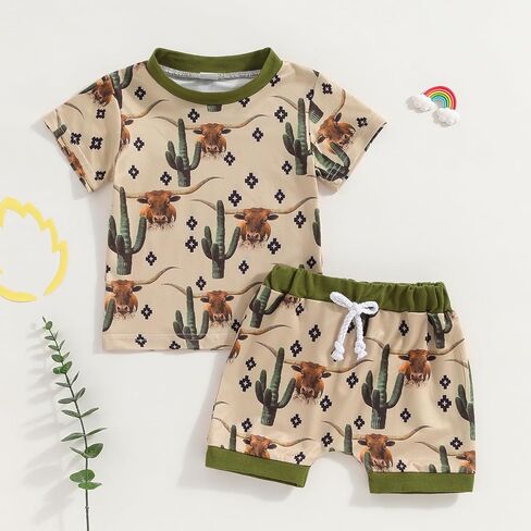 Lesimsam Baby Boy Girl Western Summer Outfits Cow Print Short Sleeve T-Shirt Top and Shorts Set Toddler Country Outfit in Kuwait