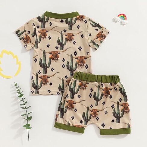 Lesimsam Baby Boy Girl Western Summer Outfits Cow Print Short Sleeve T-Shirt Top and Shorts Set Toddler Country Outfit in Kuwait