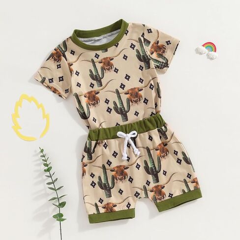Lesimsam Baby Boy Girl Western Summer Outfits Cow Print Short Sleeve T-Shirt Top and Shorts Set Toddler Country Outfit in Kuwait