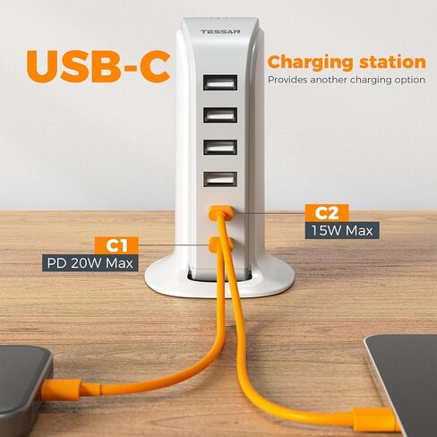 40W USB Charging Station for Multiple Devices, TESSAN USB C Charger Block for iphone13/14/15, Tablet, Earphone with 6 USB Blocks(2 USB C) USB Charging Tower for Home Office Travel Accessories in Saudi Arabia