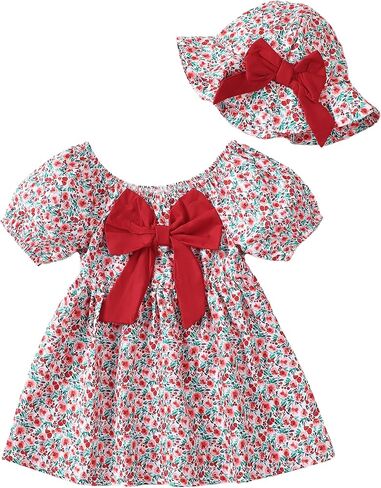 Toddler Baby Girls Dresses Summer Ruffle Short Sleeve Dress Floral Cute Sundress Hat Casual Outfits 1t 2t 3t Girl Dress in Saudi Arabia