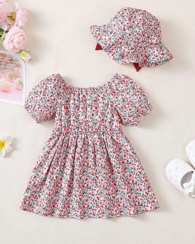 Toddler Baby Girls Dresses Summer Ruffle Short Sleeve Dress Floral Cute Sundress Hat Casual Outfits 1t 2t 3t Girl Dress in Saudi Arabia
