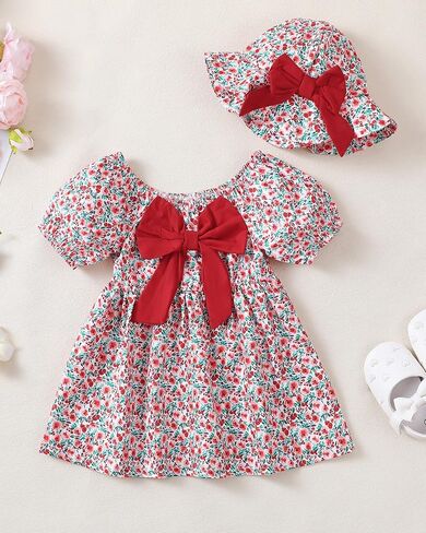 Toddler Baby Girls Dresses Summer Ruffle Short Sleeve Dress Floral Cute Sundress Hat Casual Outfits 1t 2t 3t Girl Dress in Saudi Arabia