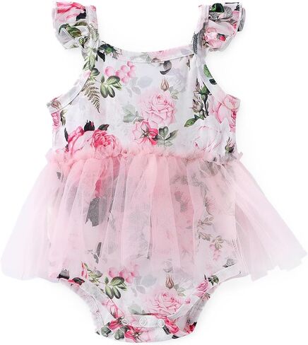 PATPAT Baby Girl Ruffle Sleeve Onesie Romper Tulle Dress Bodysuit Toddler Girl Party Birthday Princess Tutu 0-18 Months in Saudi Arabia