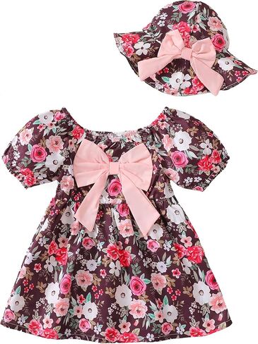 Toddler Baby Girls Dresses Summer Ruffle Short Sleeve Dress Floral Cute Sundress Hat Casual Outfits 1t 2t 3t Girl Dress in Saudi Arabia