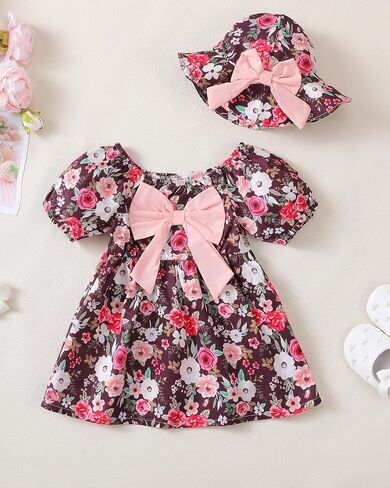 Toddler Baby Girls Dresses Summer Ruffle Short Sleeve Dress Floral Cute Sundress Hat Casual Outfits 1t 2t 3t Girl Dress in Saudi Arabia