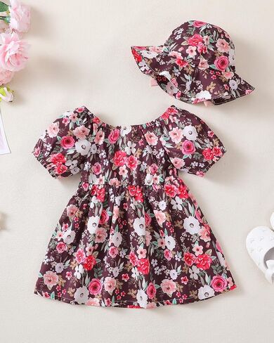 Toddler Baby Girls Dresses Summer Ruffle Short Sleeve Dress Floral Cute Sundress Hat Casual Outfits 1t 2t 3t Girl Dress in Saudi Arabia