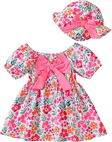 Toddler Baby Girls Dresses Summer Ruffle Short Sleeve Dress Floral Cute Sundress Hat Casual Outfits 1t 2t 3t Girl Dress in Saudi Arabia