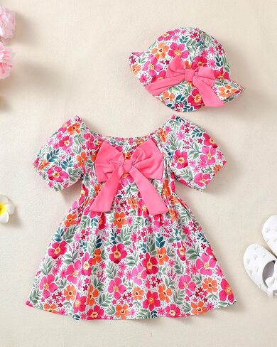 Toddler Baby Girls Dresses Summer Ruffle Short Sleeve Dress Floral Cute Sundress Hat Casual Outfits 1t 2t 3t Girl Dress in Saudi Arabia