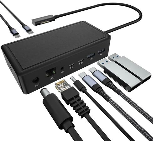 Surface Dock 2، محطة إرساء Surface 2 مع مصدر طاقة 199 واط، منافذ عرض مزدوجة 4K@60 هرتز، جيجابت إيثرنت، مخرج صوت 3.5 ملم، 2 USB-C أمامي، 2 USB-A خلفي in Kuwait