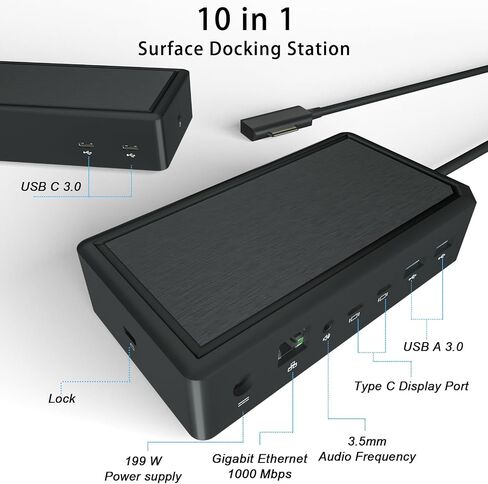Surface Dock 2، محطة إرساء Surface 2 مع مصدر طاقة 199 واط، منافذ عرض مزدوجة 4K@60 هرتز، جيجابت إيثرنت، مخرج صوت 3.5 ملم، 2 USB-C أمامي، 2 USB-A خلفي in Kuwait