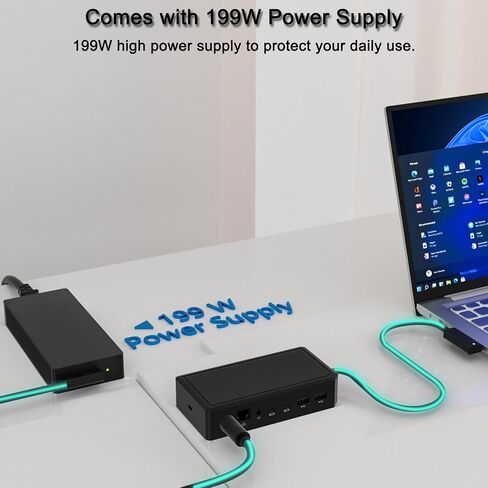 Surface Dock 2، محطة إرساء Surface 2 مع مصدر طاقة 199 واط، منافذ عرض مزدوجة 4K@60 هرتز، جيجابت إيثرنت، مخرج صوت 3.5 ملم، 2 USB-C أمامي، 2 USB-A خلفي in Kuwait