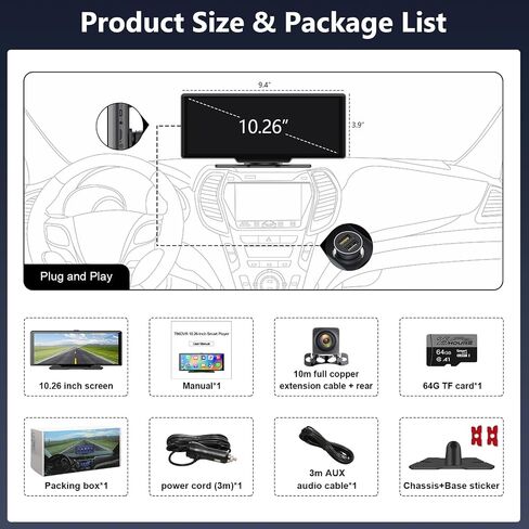 شاشة CarPlay لاسلكية محمولة للسيارة - شاشة تشغيل سيارة مقاس 10.26 بوصة وستيريو متوافقة مع Apple CarPlay وAndroid Auto - مشغل وسائط متعددة، بلوتوث، شاشة ملاحة لجميع المركبات in Saudi Arabia