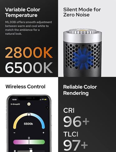 Godox ML30Bi ML60Bi ML-Kit2 مصباح فيديو LED ثنائي اللون، درجة حرارة اللون 2800K-5600K، CRI 96+ TLCI 97+، تأثيرات 7FX، وضع صامت، مع بطارية ليثيوم 2X NP970، تطبيق تحكم لاسلكي in Saudi Arabia