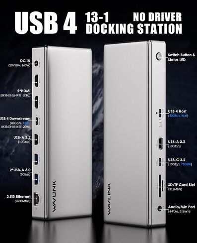 WAVLINK USB 4 Docking Station 40Gbps, Single 8K/Triple 4K Monitors for Windows, Dual 4K Displays for Mac with USB4, 96W PD, 2X HDMI 2.1, 2.5G Ethernet, 10Gbps USB, SD V4.0, USB 3.0, Audio, No Driver. in Saudi Arabia