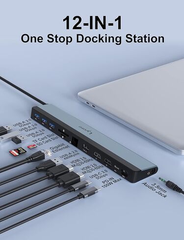 محطة إرساء USB C شاشة مزدوجة: قاعدة Lyare 12 في 1 Thunderbolt 3/4 مع 3 منافذ USB-A 3.0، USB-C 3.0، HDMI مزدوج 4K، إيثرنت 1000 ميجا بايت في الثانية، 100 وات PD، SD/TF، ​​صوت، لجهاز MacBook Air/ برو، إتش بي، ديل، لينوفو، أيسر in Kuwait