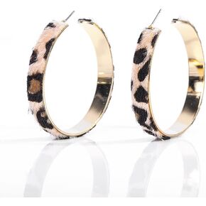 Exaggerate Leopard Leather Round Hoop Earrings Dangle Cheetah Print Circle for Women Girls Statement Personality Animal Jewelry