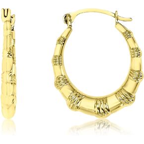 14K Yellow Gold 2x18mm Small Bamboo or Shrimp Design Lightweight Oval Hoop Earrings