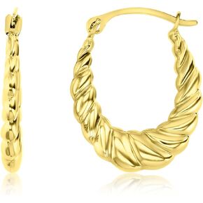14K Yellow Gold 2x18mm Small Bamboo or Shrimp Design Lightweight Oval Hoop Earrings