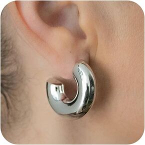 Risamil Silver Hoop Earrings for Women Trendy Chunky Sterling Silver Earrings Cute Oval Large Earrings Huggie Thick Hoops Earrings Jewelry Set Gifts for Women Girls