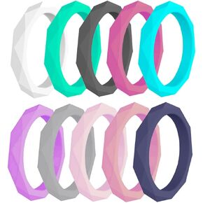 Womens 3mm Wide Diamond Silicone Wedding Ring 10pcs set Pink Purple Blue Stackable Rubber Bands - US Size 4-10