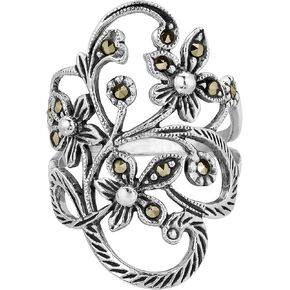 AeraVida Beautiful Marcasite Style Pyrite Flower Vine .925 Sterling Silver Ring