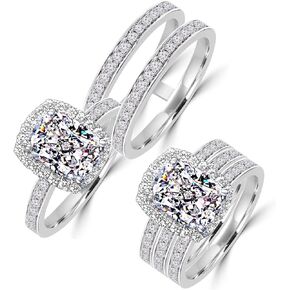 Diamonbella 101 Facets Realistic 2 Carat Emerald Rectangular Cushion Halo NSCD Simulated Diamond Ring Double Band Set 925 Silver Platinum Plated