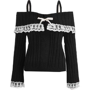 Women's Off Shoulder Knit Sweaters y2k Lace Trim Slim Fit Long Sleeve Cable Knit Pullover Tops Aesthetic Sweater