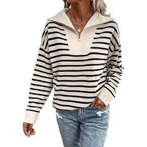 Verdusa Women's Striped Zip Up Collar Drop Shoulder Loose Sweater Pullover Tops