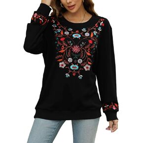LauraKlein Women's Graffiti Embroidered Long Sleeve Pullover for Fall Casual Crew Neck Sweatshirt Loose Fashion Clothing Tops