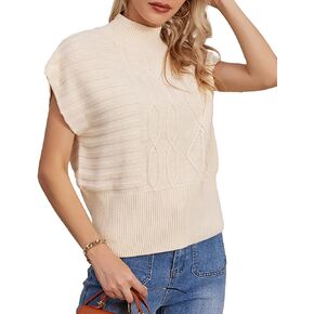 Rixiland Women's Mock Neck Short Cap Sleeve Sweater Vest Casual Solid Knit Ribbed Pullover Top