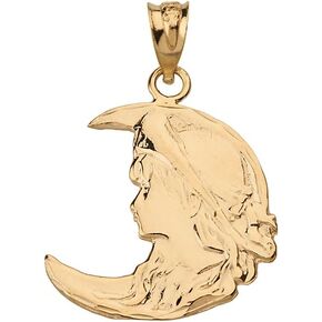 Solid 10k Yellow Gold Art Nouveau Crescent Moon & Lady Pendant