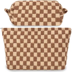 Makeup Bags Large Checkered Cosmetic Travel Bag Toiletry Organizer Bag Aesthetic Portable Accessories Pouch Cute Chessboard Makeup Brushes Storage Bag for Women (2 Pack-Brown)