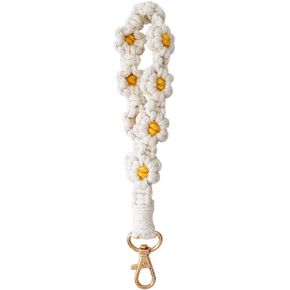 Boho Macrame Keychain Handmade Wristlet Daisy Wrist Lanyard for Keys Cute flower Key Chain for Women