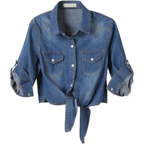 Women's Denim Shirt 3/4 Sleeve Tie Front Top Knot Chambray Cardigan Button Shirt Jean Crop Top Jacket