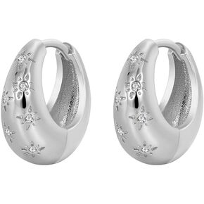 CZ Star Chunky Small Hoop Earrings for Women Girls Cartilage Dainty 14K Gold Plated Oval Crystal Hypoallergenic Sleeper Tiny Huggie Hoops Minimalist Fashion Jewelry Christmas Gift 10mm