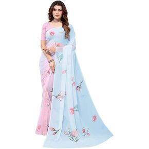 ساري جورجيت نسائي مطبوع رقميًا من SIRIL مع قطعة بلوزة غير مخيطة (2658S220_) أزرق فاتح مجاني، وردي فاتح in Kuwait