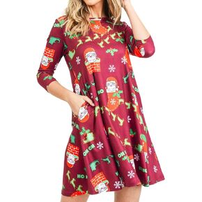 Women’s Printed Crew Neck A-Line Dresses with Pockets Casual Tropical Floral Novelty Animal Christmas Patterns