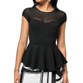 Verdusa Women's Contrast Mesh Cap Sleeve Round Neck Ruffle Peplum Tee Top
