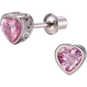 Earrings For Girls, Heart CZ Birthstone Hypoallergenic Earrings for Girls, Stud Screw On Safety Backs, Stainless Steel Ultra Sensitive Ears Post For Kids, Toddlers, Little Girls, Teens