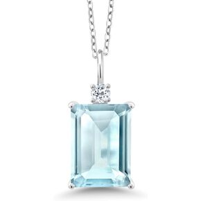 Gem Stone King 9.49 Ct Emerald Cut Sky Blue Topaz White Topaz 925 Sterling Silver Pendant